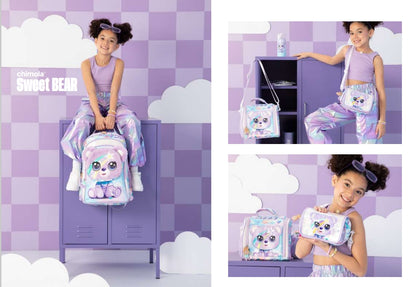 MM036 CHIMOLA ، طقم حقائب مدرسية للأطفال، حقيبة ظهر مع حقيبة طعام ومقلمة، تصميم دب بنفسجي مع نقوش قوس قزح
